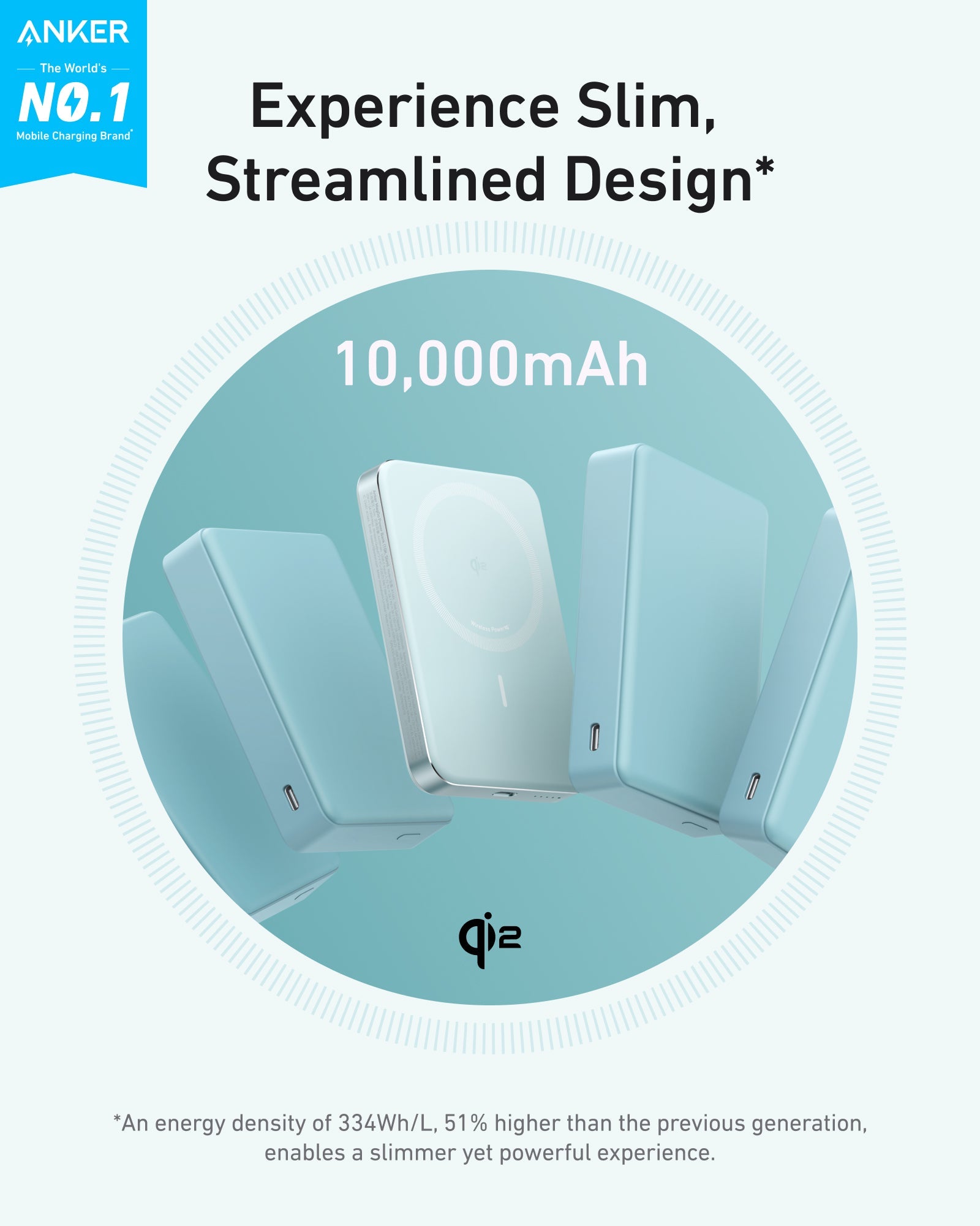 Anker MagGo slim power bank, light blue 10,000mAh design shown