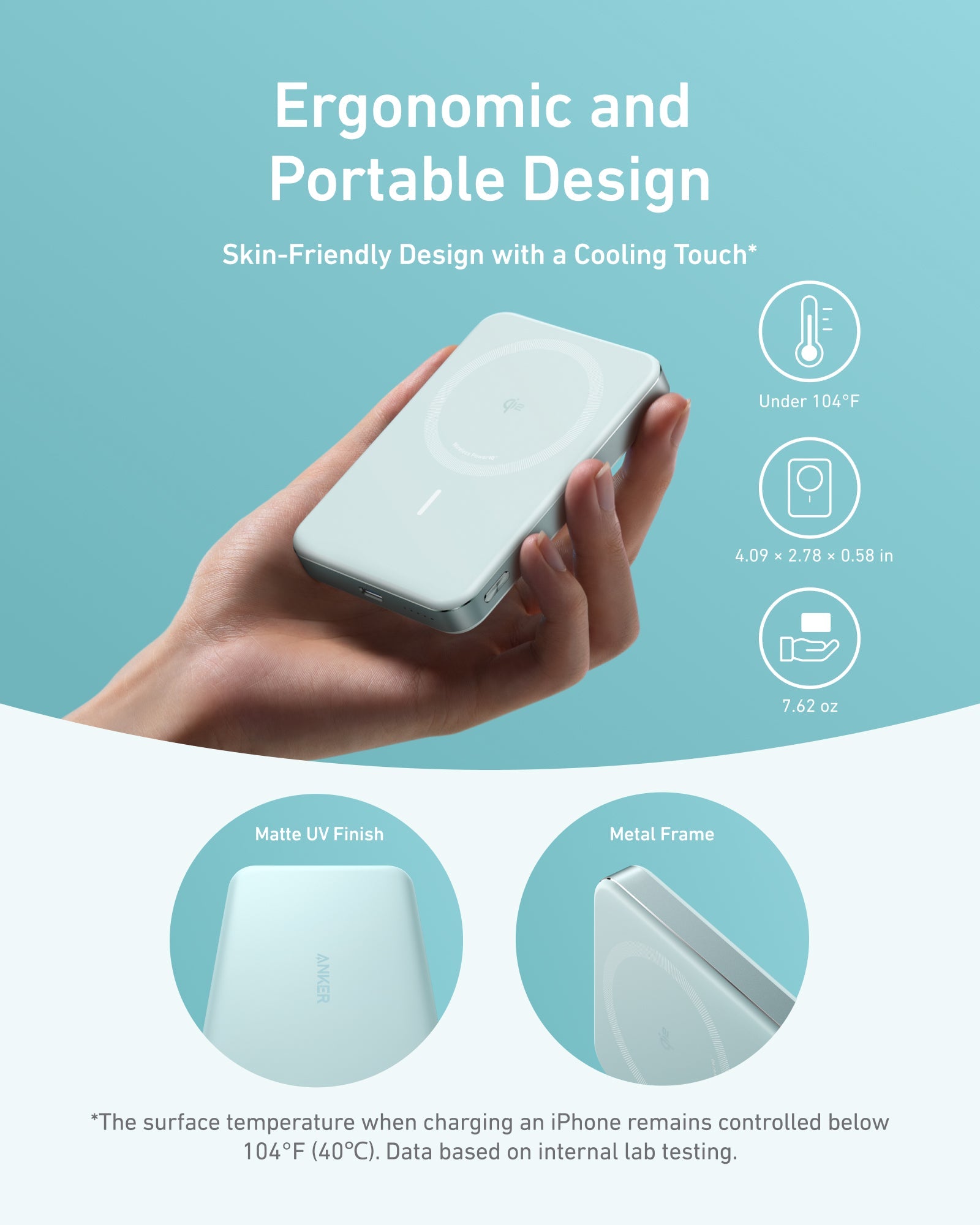 Anker MagGo slim power bank, light teal matte with MagSafe-style charging circle