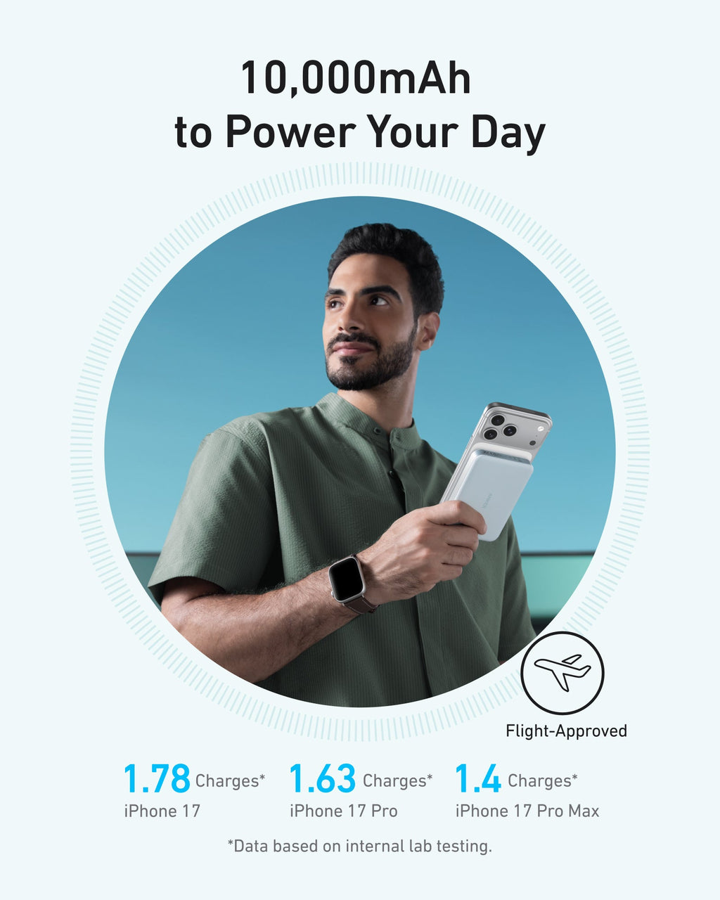 Anker MagGo slim power bank, light white shown charging a smartphone