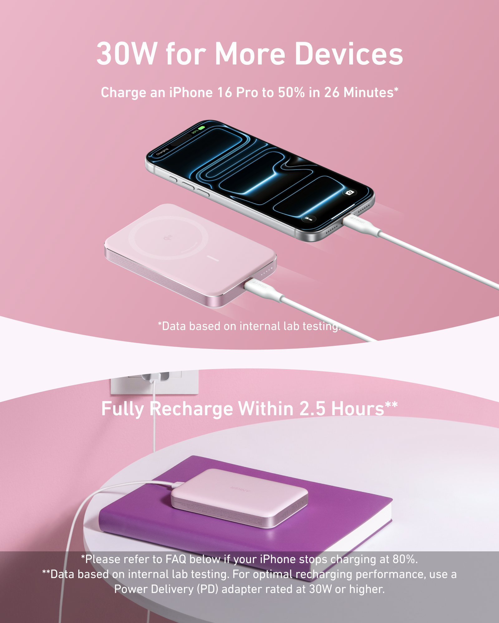 Slim wireless power bank in white with USB-C cable, MagGo-compatible charging pad