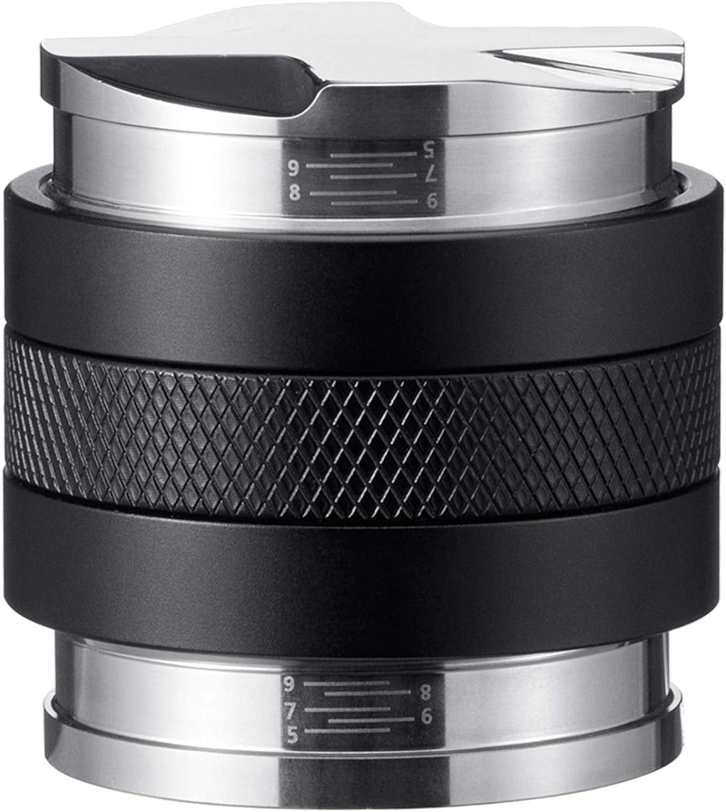 2-in-1 espresso tamper with depth indicator scale on brushed stainless top and black body.