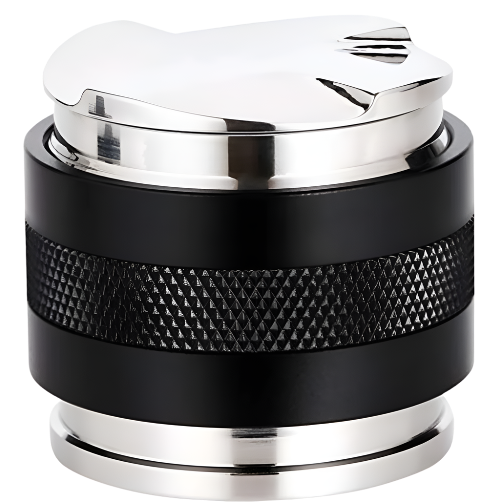 2-in-1 espresso distributor & tamper, black base with brushed stainless top and lid.