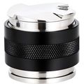 2-in-1 espresso distributor & tamper, black base with brushed stainless top and lid.