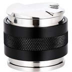 2-in-1 espresso distributor & tamper, black base with brushed stainless top and lid.