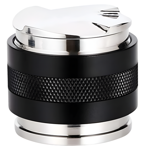 2-in-1 espresso distributor & tamper, black base with brushed stainless top and lid.