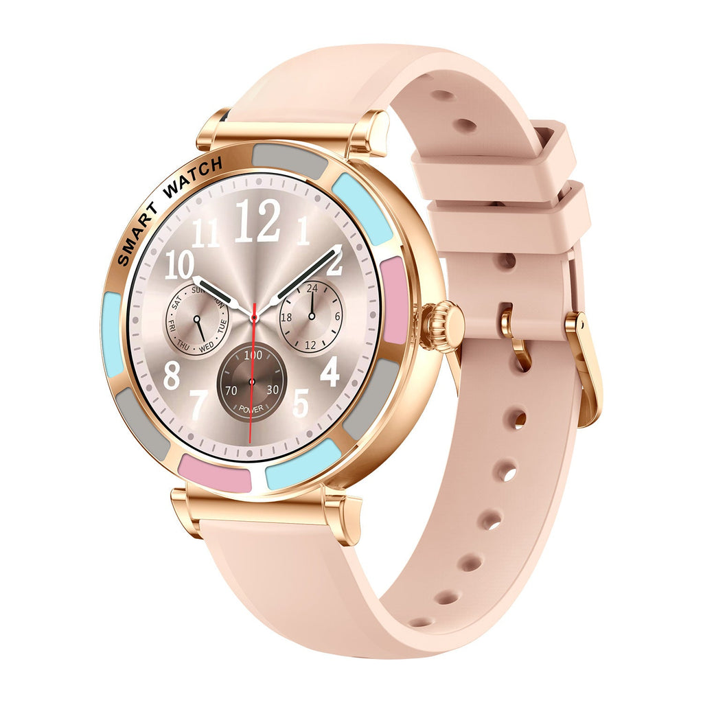 Rose gold smartwatch with pink silicone band, round white dial and blue bezel accents
