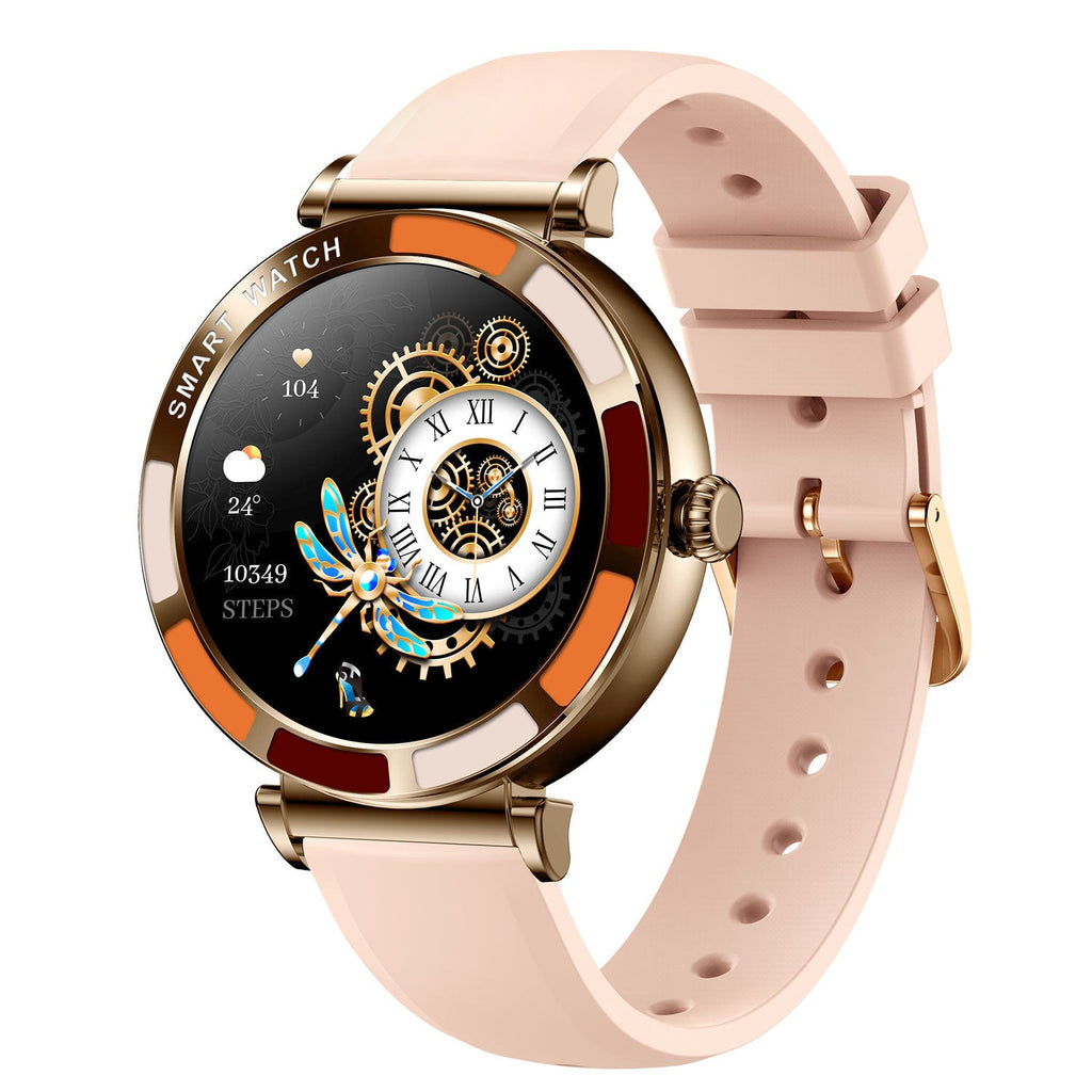 Gold smartwatch with pink silicone band, round black display with colorful UI and clock