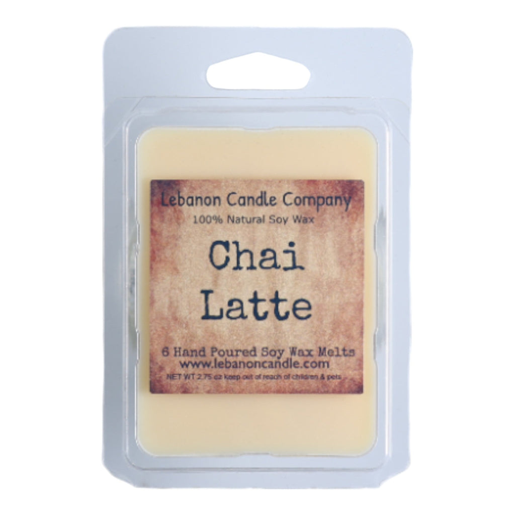 Chai Latte soy wax melt in white-backed clamshell with clear window.