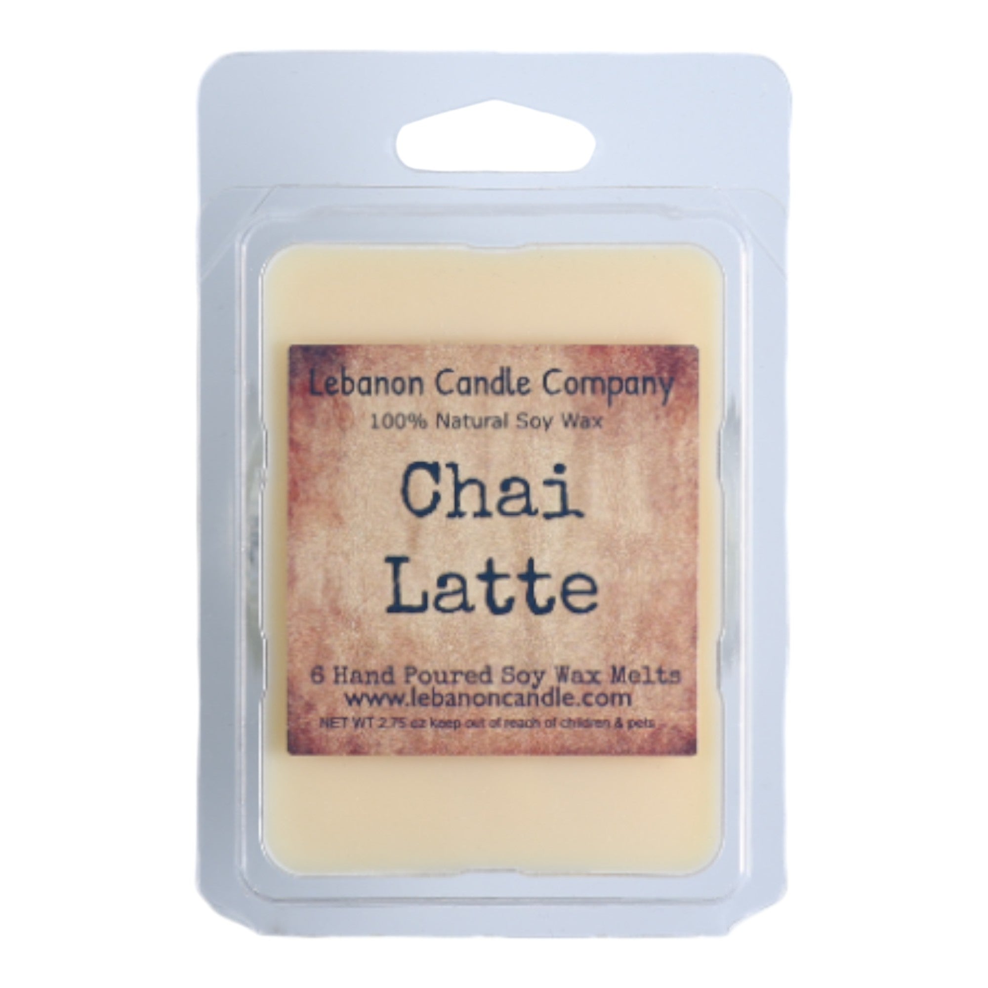 Chai Latte soy wax melt in white-backed clamshell with clear window.