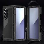 Black heavy-duty phone case with kickstand and screen protector, two-angle view