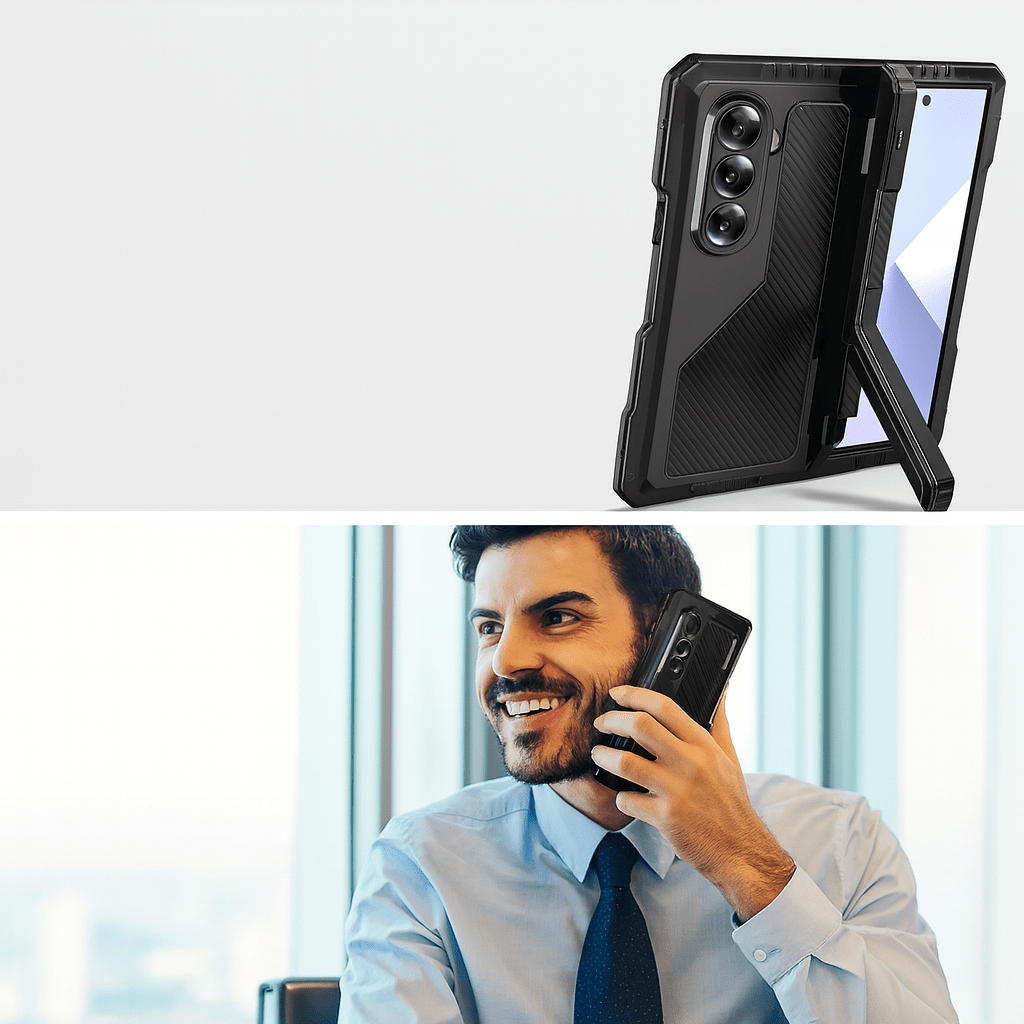Black heavy-duty phone case with kickstand and screen protector, camera openings visible