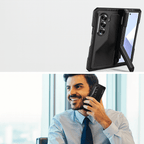 Black heavy-duty phone case with kickstand and screen protector, camera openings visible