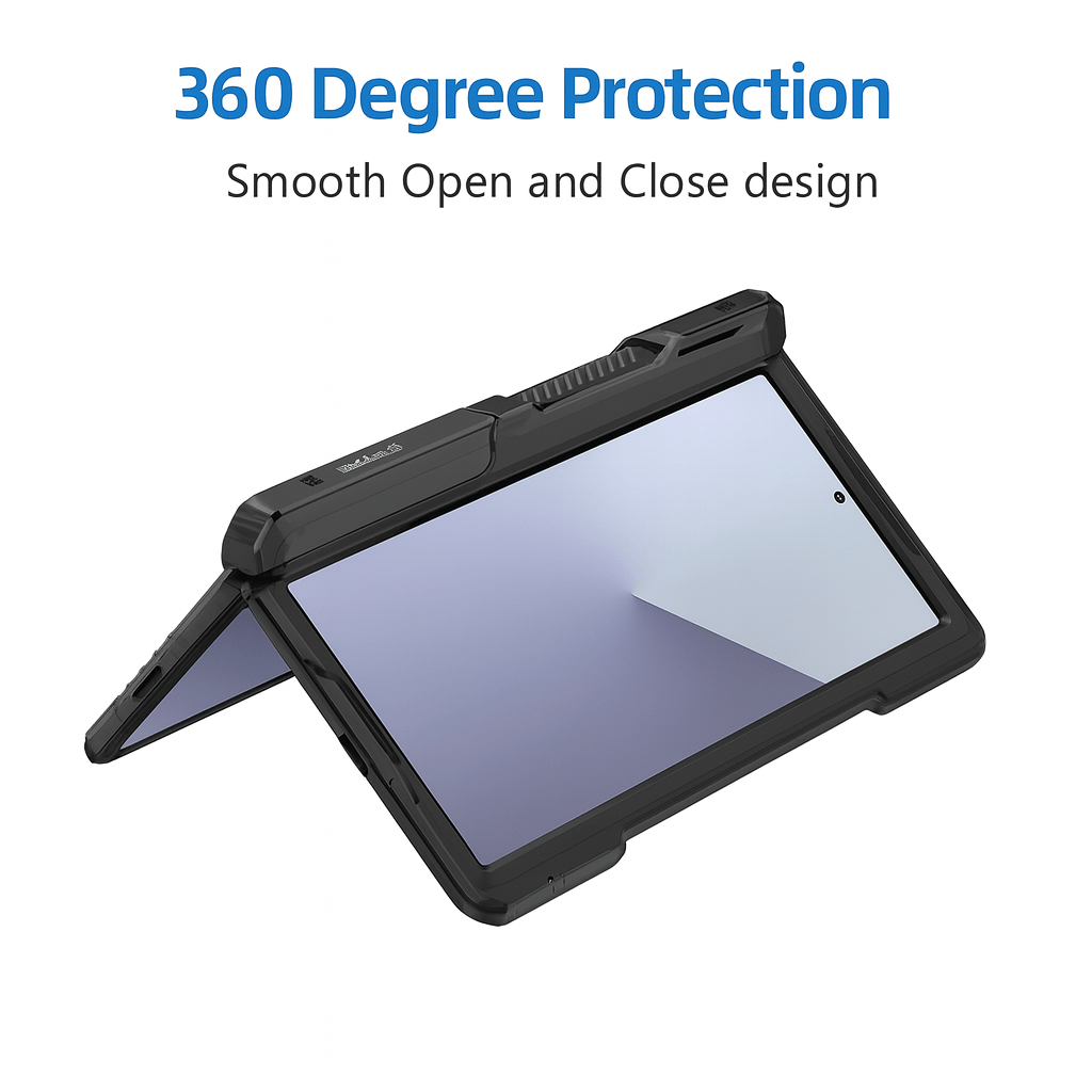 Black heavy-duty phone case with 360-style kickstand, screen protector cover