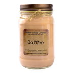 Coffee-scented soy wax candle in clear glass jar with bronze screw lid