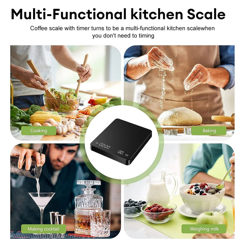 Black multi-function kitchen scale with LED display and timer/tare icons