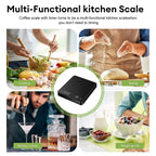Black multi-function kitchen scale with LED display and timer/tare icons