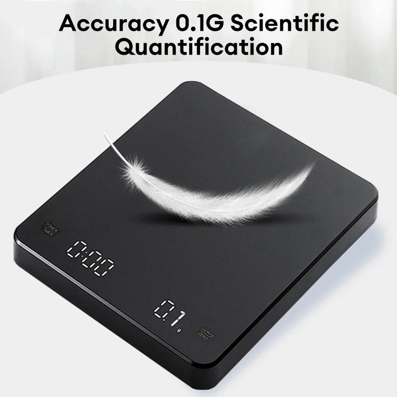 Black digital espresso scale with LED display and flat top