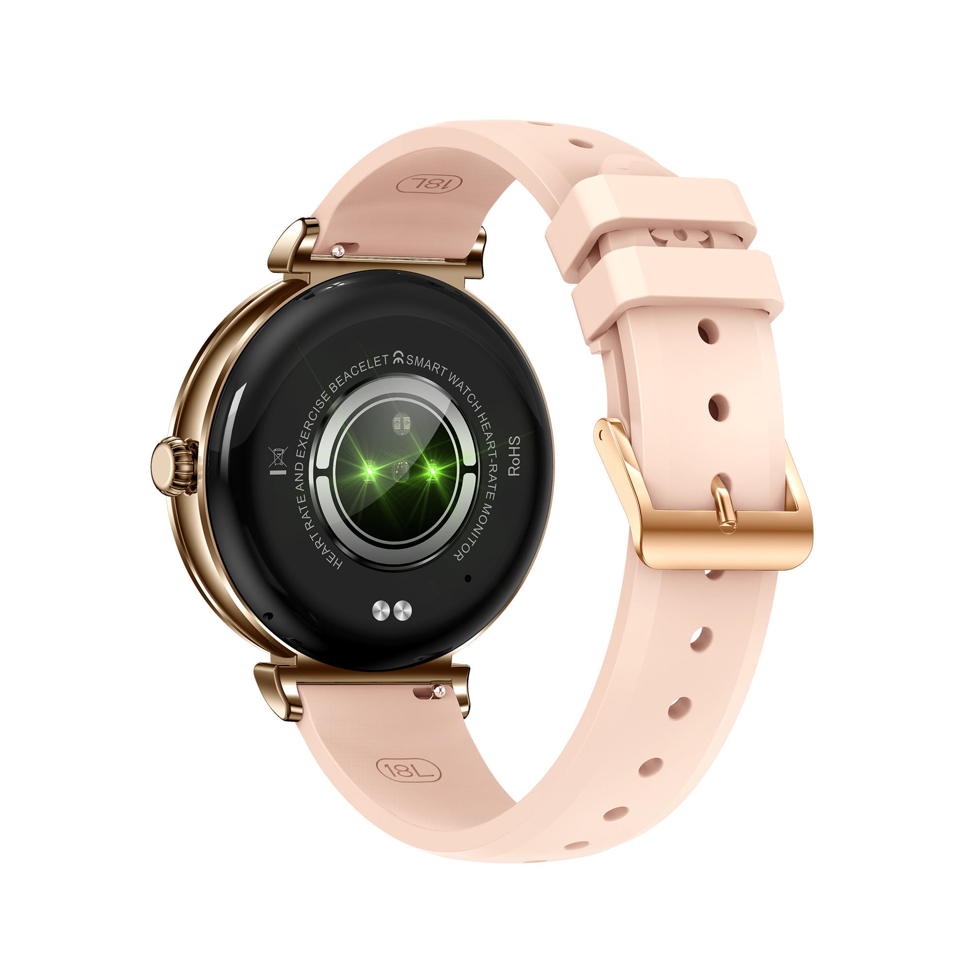 Gold smartwatch with light pink silicone band, round black face with green glow graphic