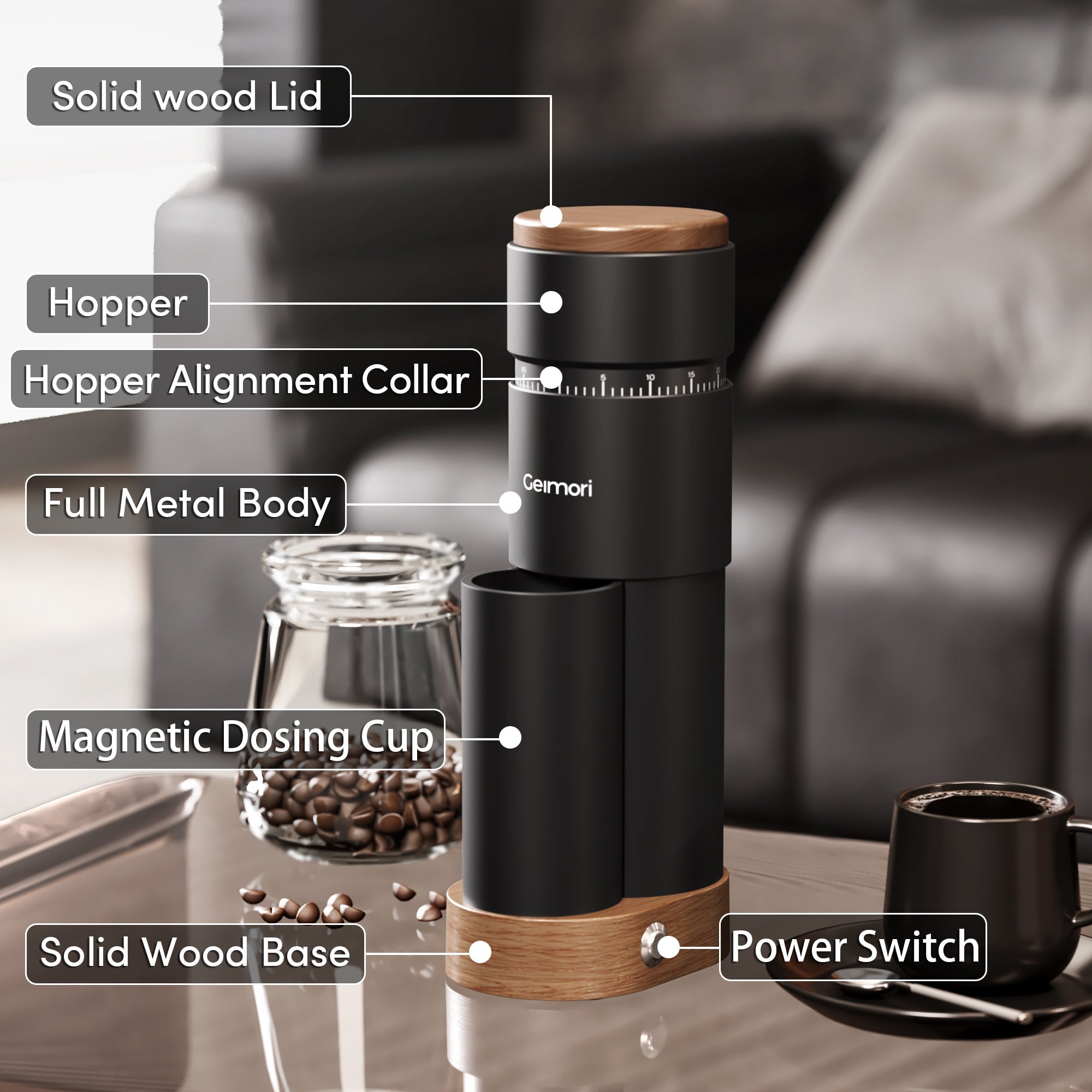 Geimori T38 Plus Electric Coffee Grinder – 38mm Conical Burr, Espresso & Filter