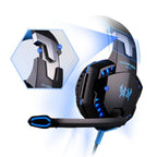 Black and blue over-ear gaming headset with glowing LED accents and padded ear cups