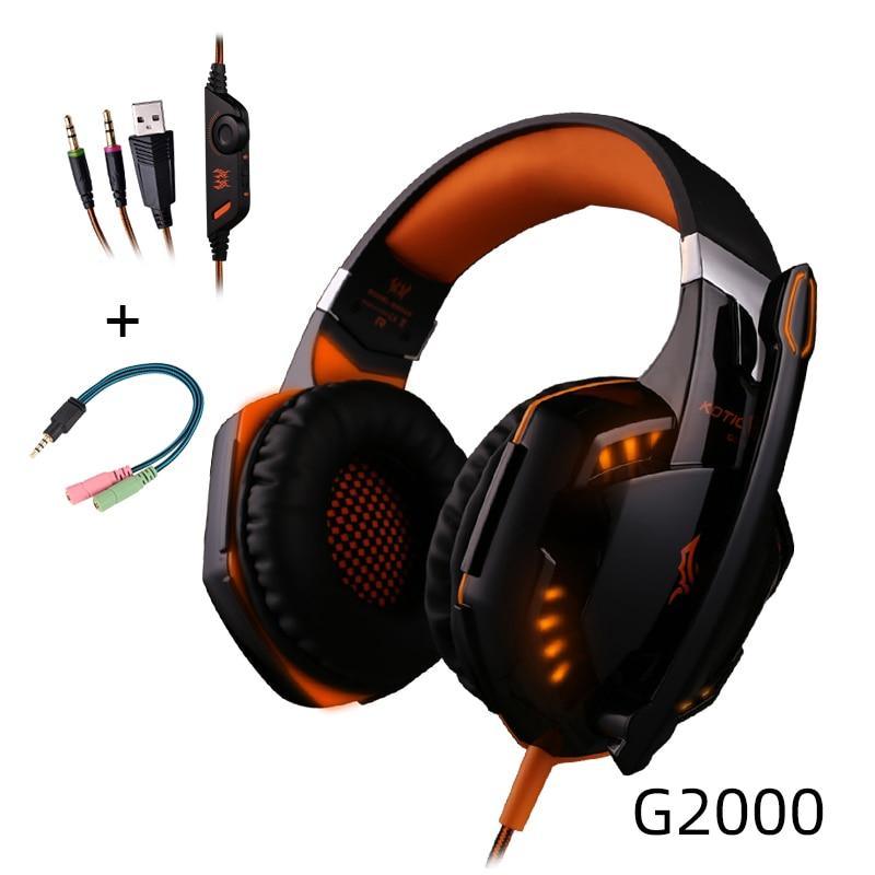 Orange and black wired over-ear gaming headset with padded ear cups and inline mic