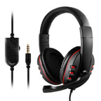 Red wired over-ear gaming headset with inline mic plug and red control buttons