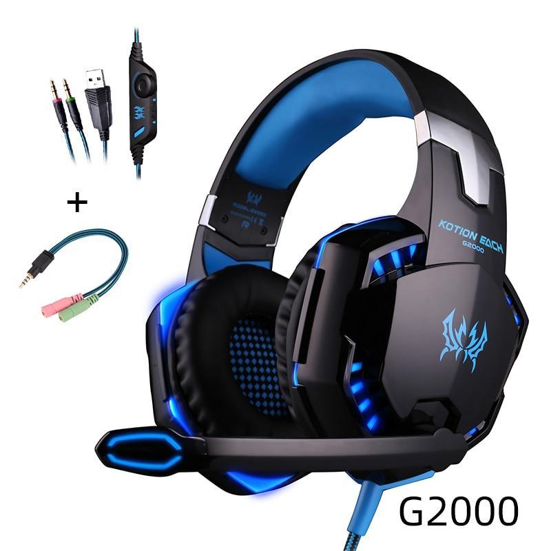 Blue and black wired over-ear gaming headset with glowing LED accents and padded ear cups