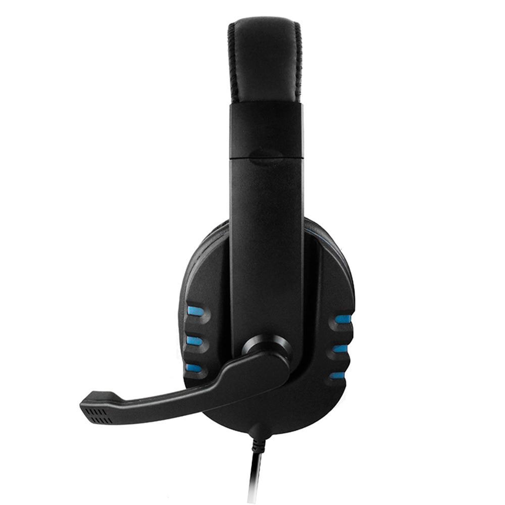 Wired gaming headset side view with cushioned ear pad and blue control buttons