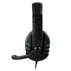 Wired gaming headset side view with cushioned ear pad and blue control buttons