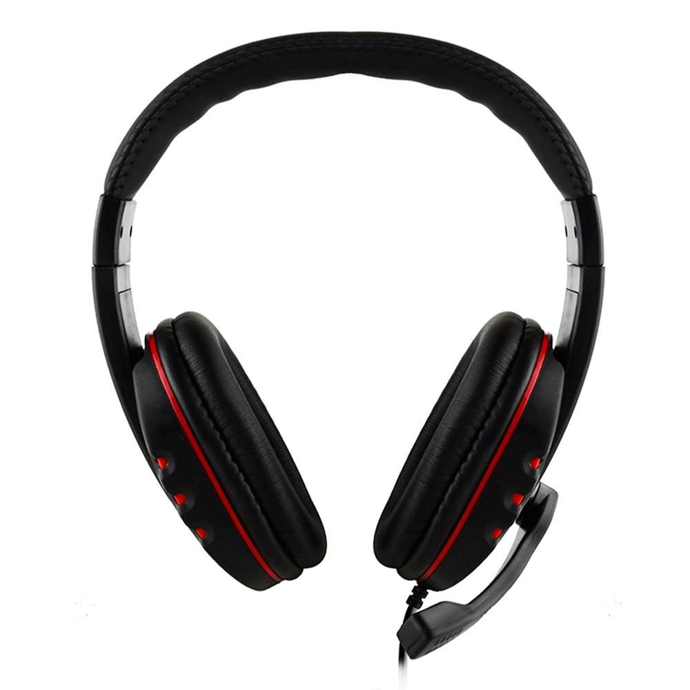 Wired gaming headset with padded over-ear cups and red side accents, with attached microphone