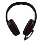 Wired gaming headset with padded over-ear cups and red side accents, with attached microphone