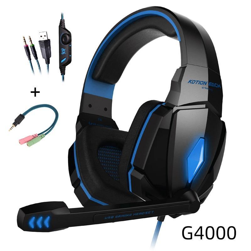 Wired over-ear gaming headset with microphone, black and blue accents, cushioned pads