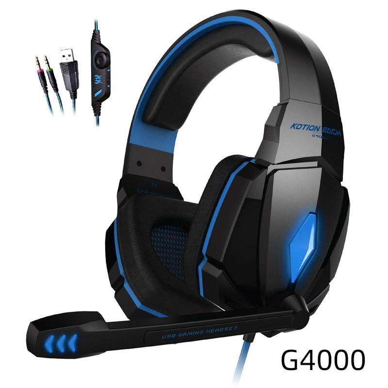 Wired over-ear gaming headset with microphone, black and blue accents, cushioned pads