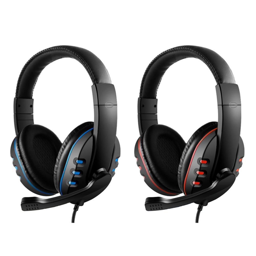 Two wired gaming headsets shown: blue and red accents, padded over-ear cups with microphones