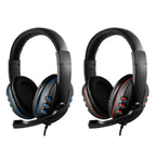 Two wired gaming headsets shown: blue and red accents, padded over-ear cups with microphones