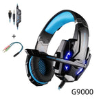 Wired over-ear gaming headset with microphone, white-gray and blue accents, cushioned pads