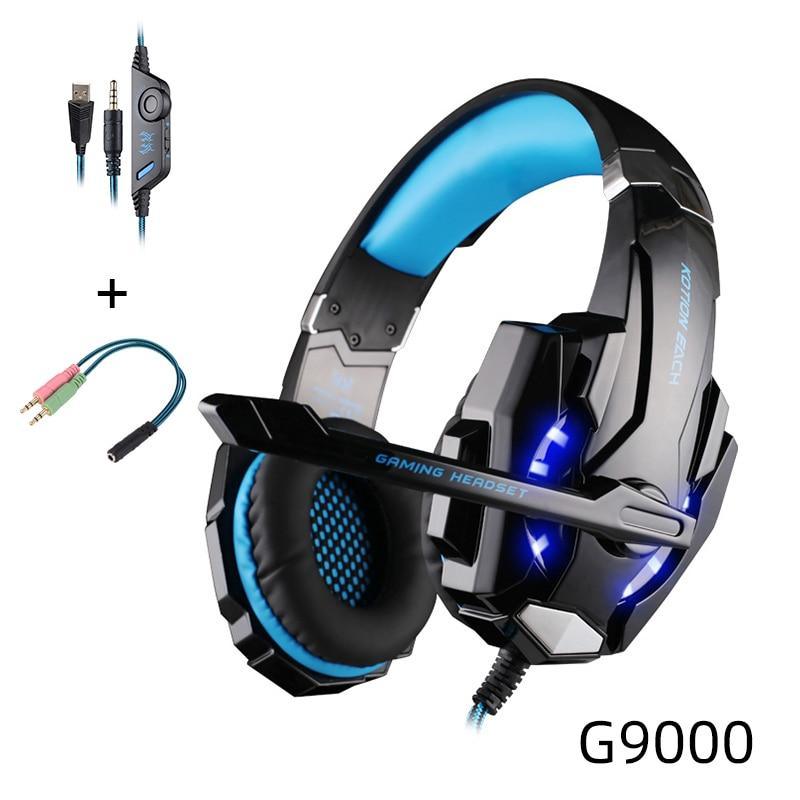 Wired over-ear gaming headset with microphone, white-gray and blue accents, cushioned pads