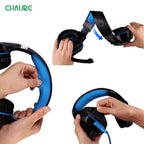 Blue and black over-ear gaming headset with cushioned ear pads and adjustable headband