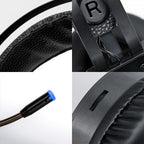 Black over-ear gaming headset with textured ear pad and adjustable headband, boom microphone detail