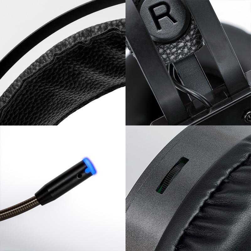 Black over-ear gaming headset with textured ear pad and adjustable headband, boom microphone detail