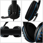 Wired gaming headset close-up of ear pads and side buttons with blue accents