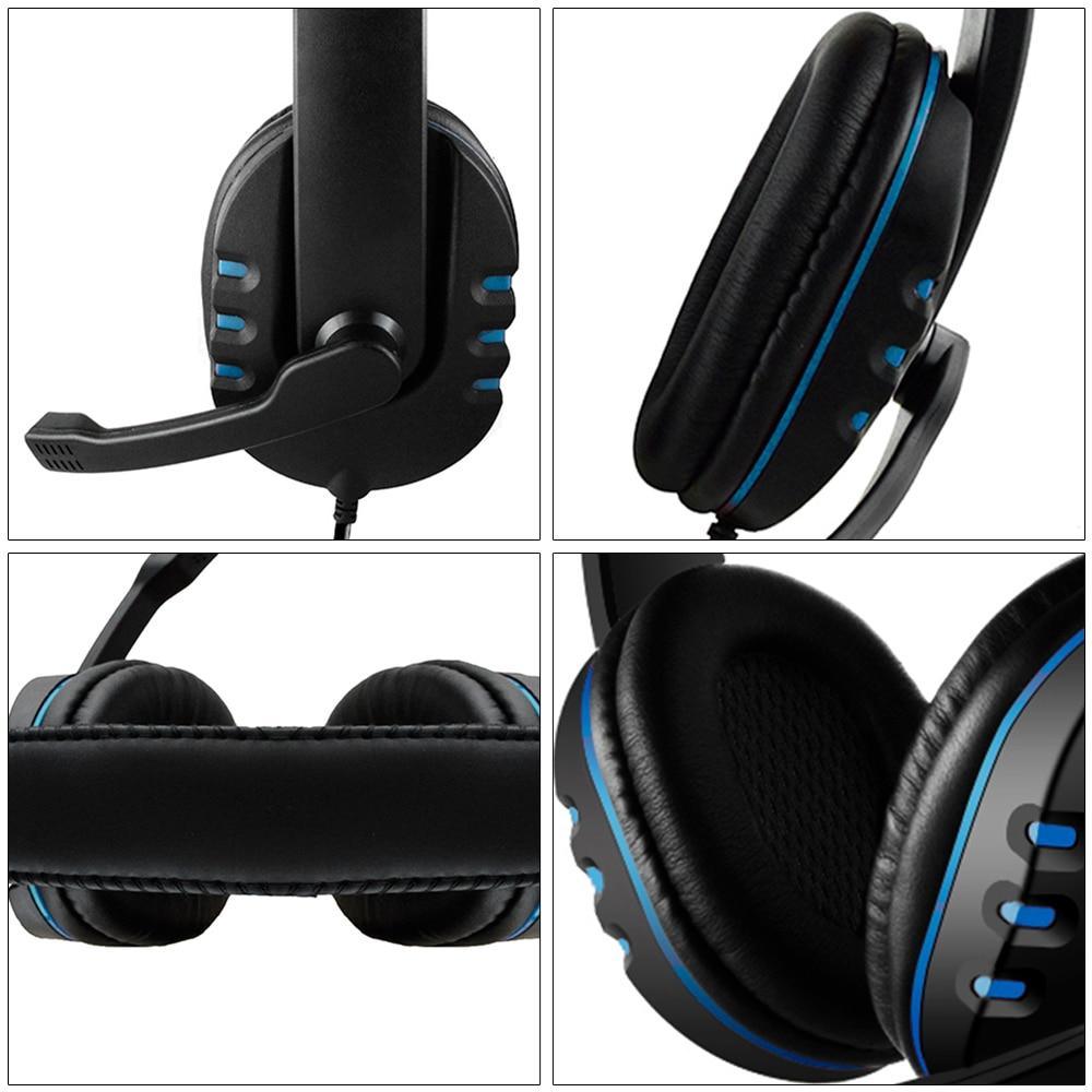 Wired gaming headset close-up of ear pads and side buttons with blue accents