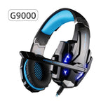 Blue and black wired over-ear gaming headset with glowing LED accents and padded ear cups