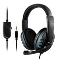 Blue wired over-ear gaming headset with inline mic plug and volume control