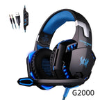 Blue and black wired over-ear gaming headset with glowing LED accents and padded ear cups