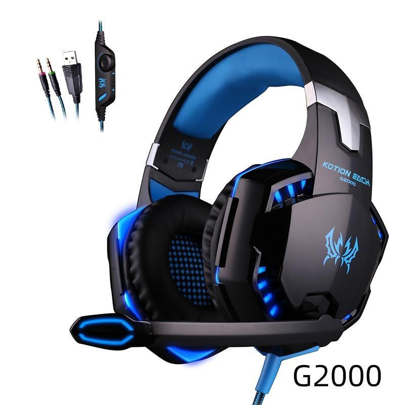 Blue and black wired over-ear gaming headset with glowing LED accents and padded ear cups