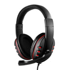 Red wired gaming headset with padded over-ear cups and inline microphone/volume controls
