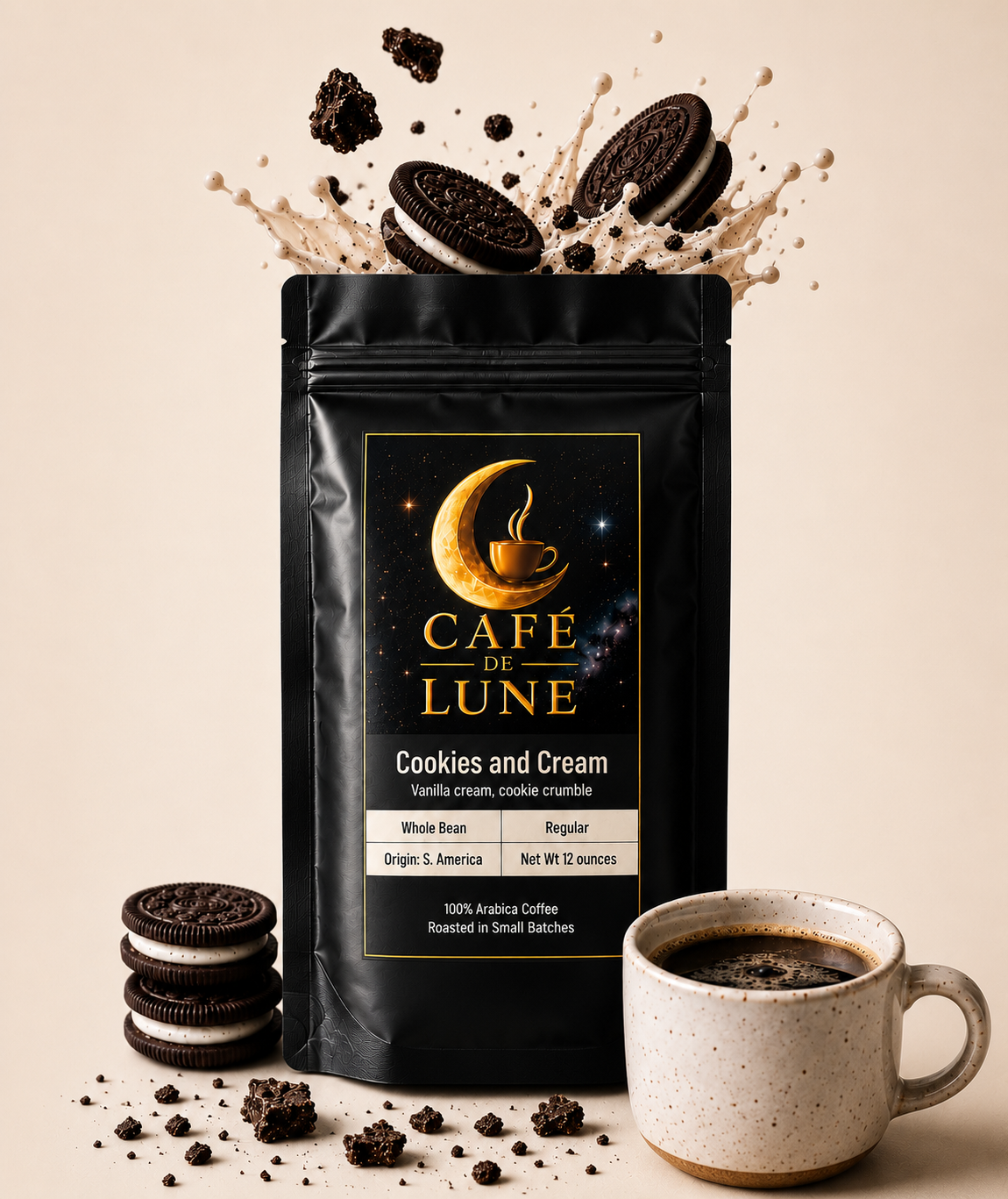 Cafe de Lune cookie-and-cream coffee bag with logo, plus cup of brewed coffee