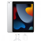 Apple iPad 9th Gen 2021 tablet, silver, front and back view with home button