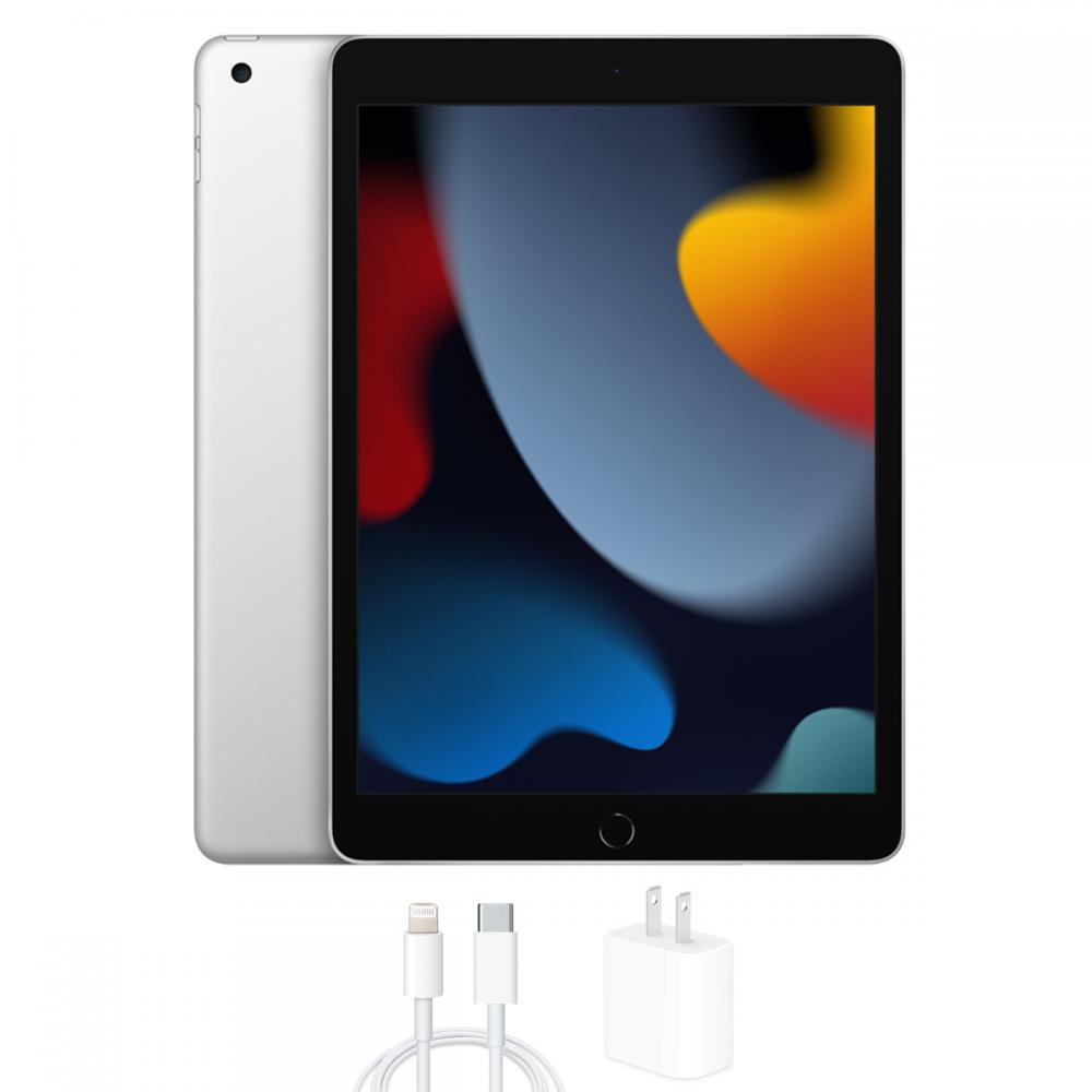 Apple iPad 9th Gen 2021 tablet, silver, front and back view with home button